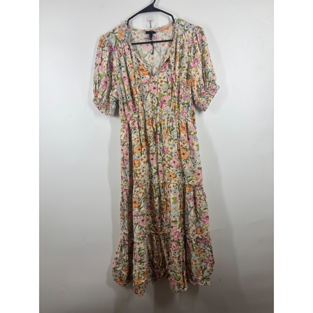 Who What Wear Floral Tiered Midi Dress Pink Orange V-Neck Puff Sleeve Medium‎